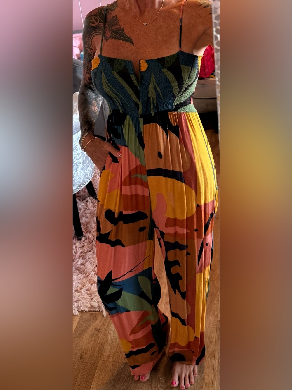 Olivaceous Abstract Colorblock Romper in Mustard, Pink & Teal